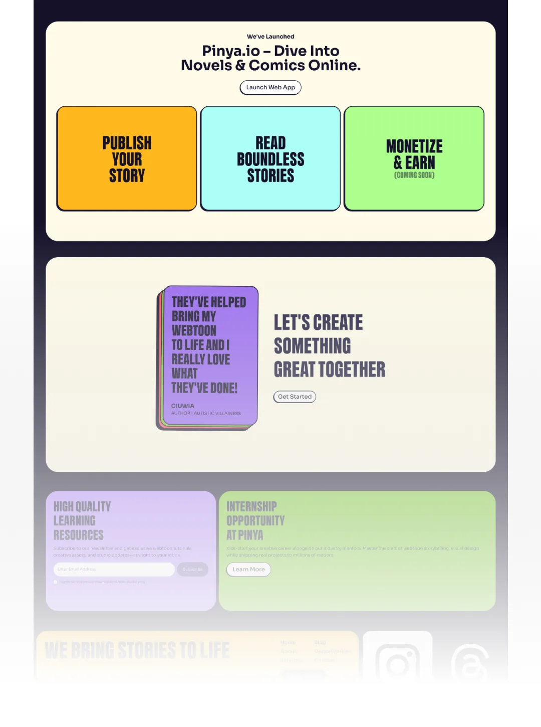 Pinya.io launch section with Publish Your Story and Monetize & Earn cards above a purple client testimonial card