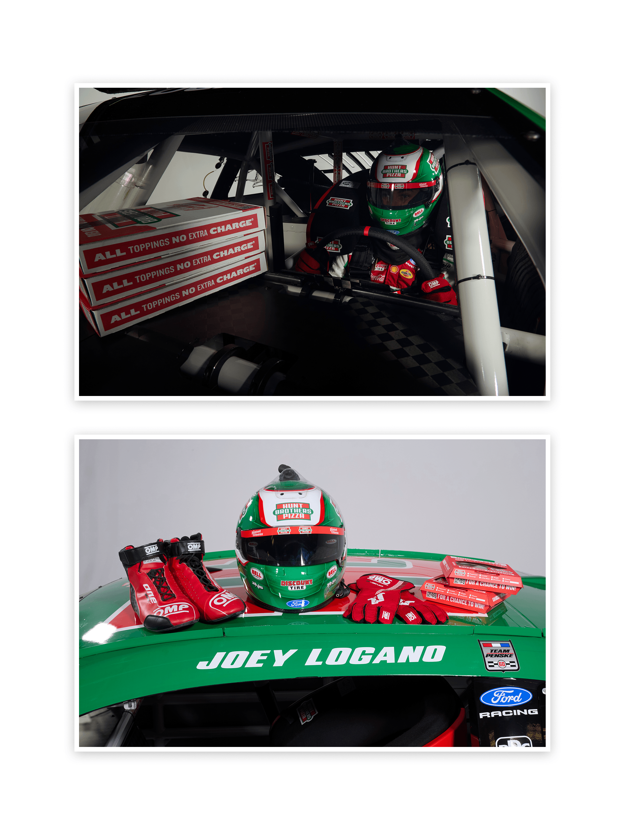 Cockpit with boxes reading All Toppings No Extra Charge above helmet, boots and gloves on the Joey Logano roof rail