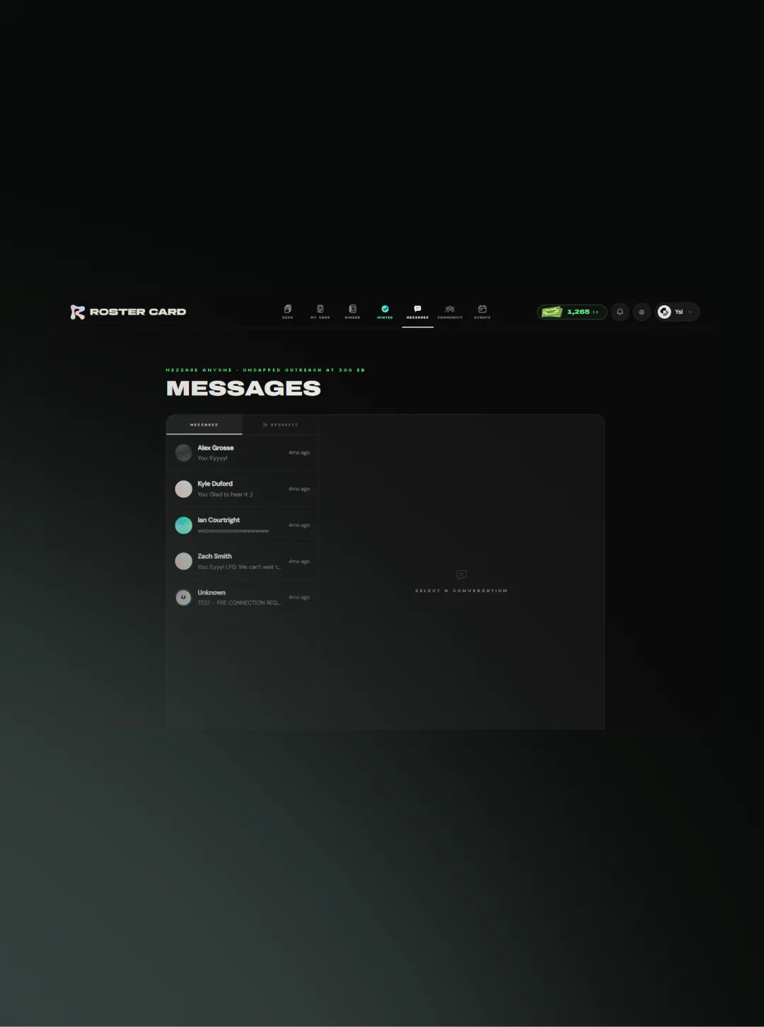 Messages screen listing conversations beside an empty pane reading Select A Conversation