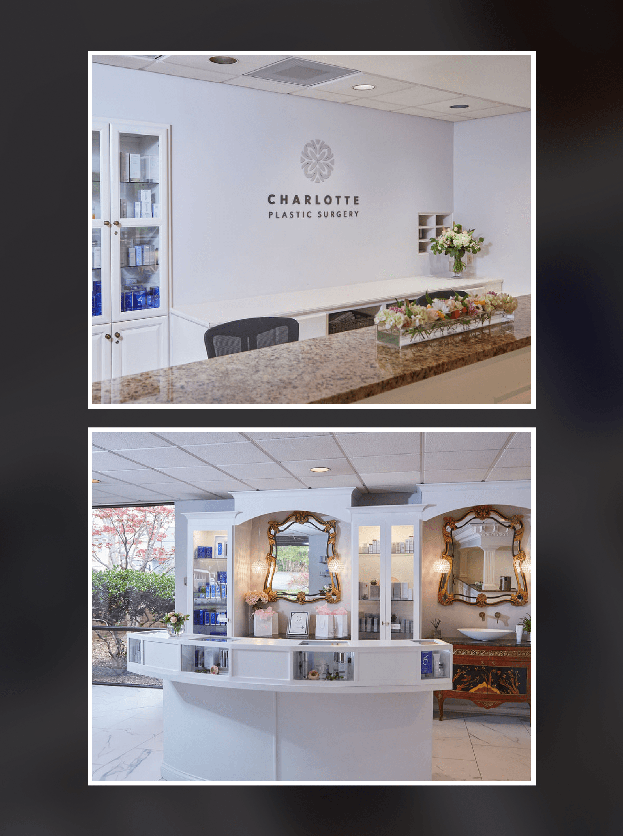 Reception desk under Charlotte Plastic Surgery wall lettering, above a curved counter with gold framed mirrors