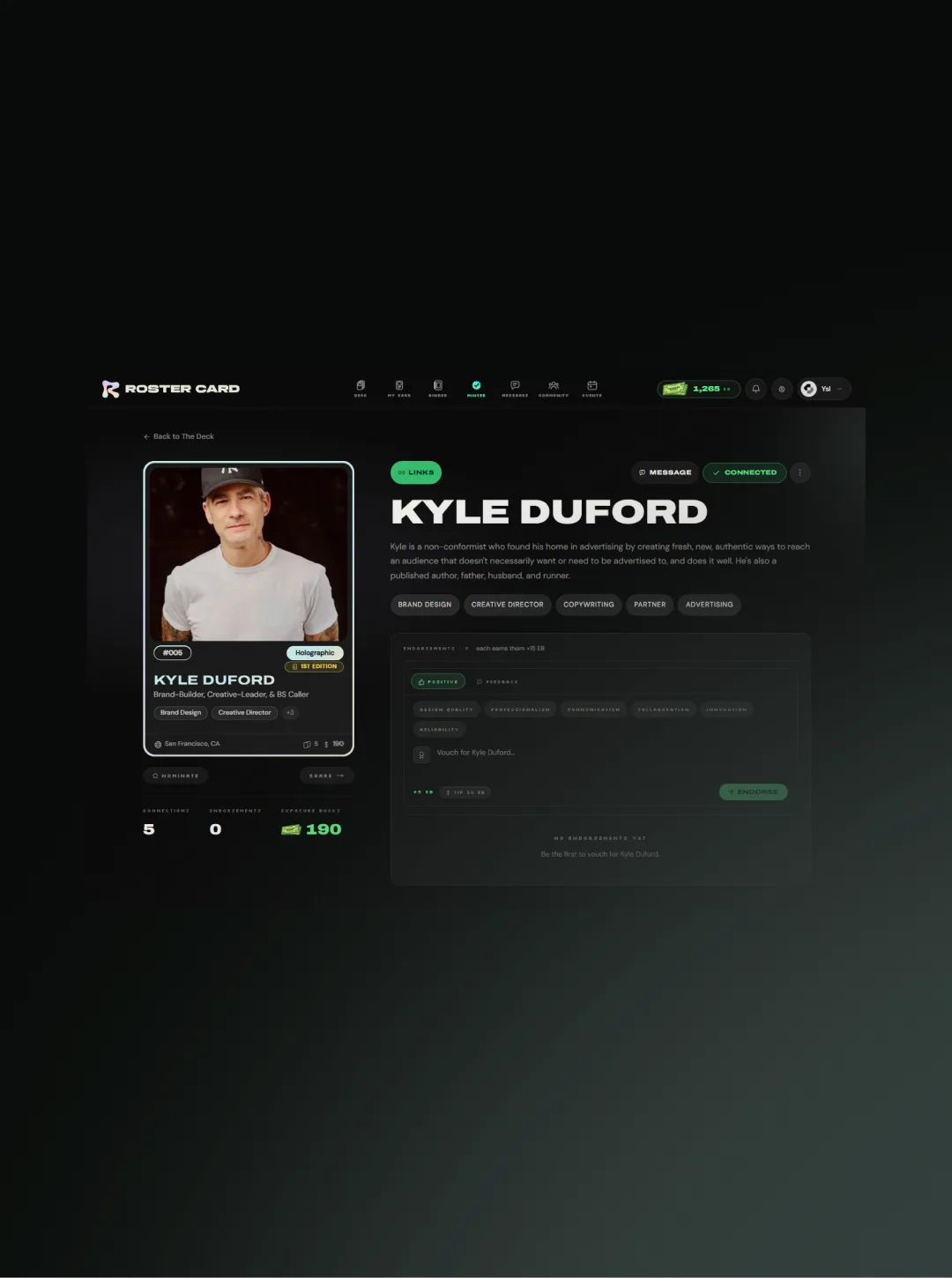 Kyle Duford profile page pairing his collectible card with a bio, skill tags and an endorsement panel