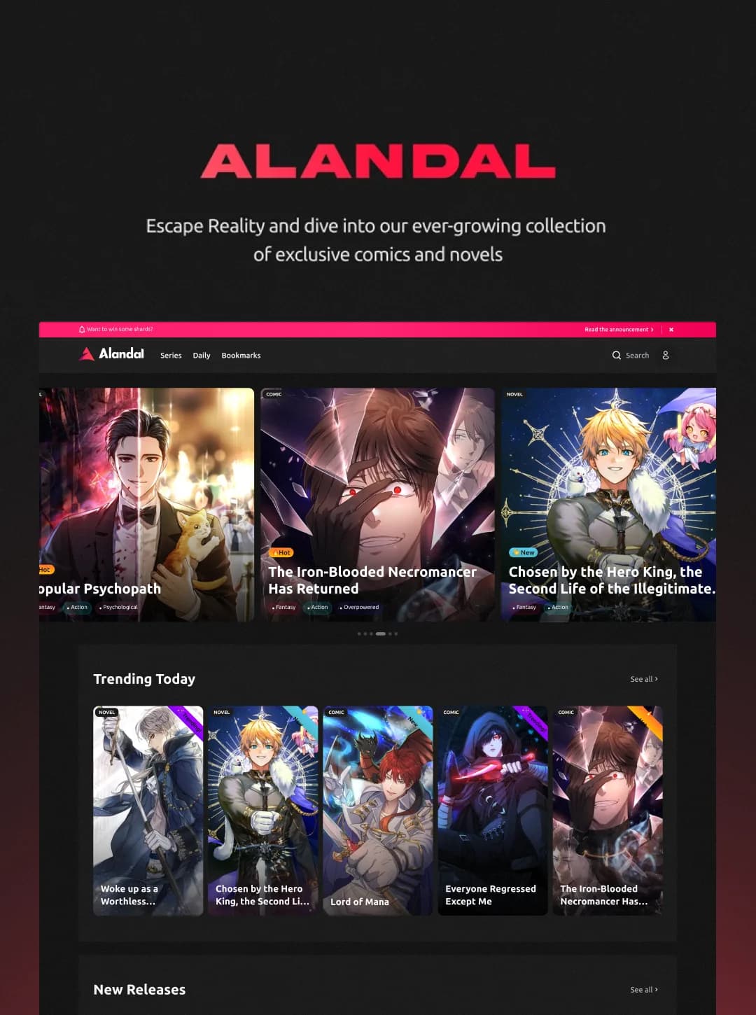 Red ALANDAL wordmark above the desktop homepage carousel and a Trending Today row of comic covers