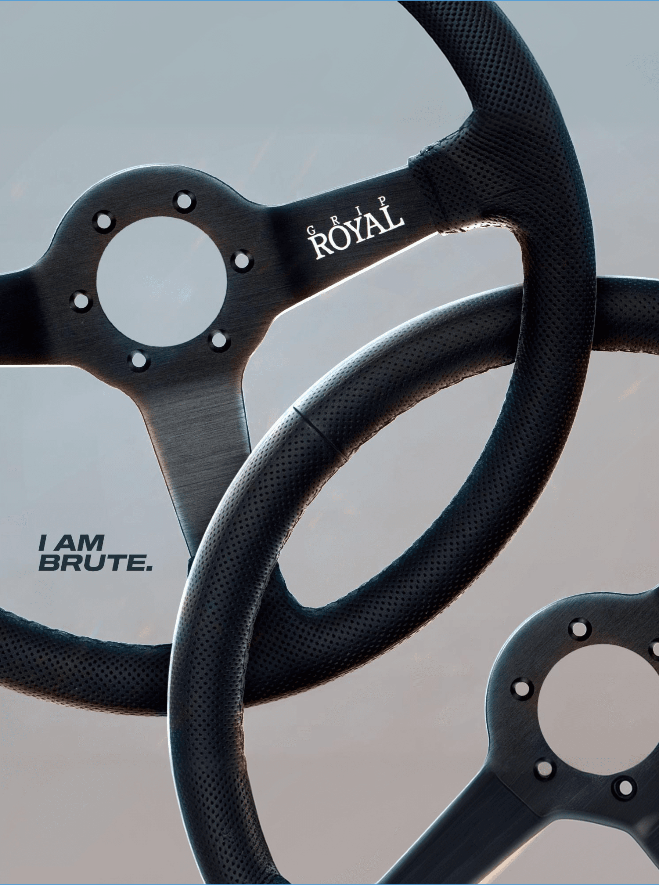 Three overlapping perforated leather wheels on a pale grey backdrop, with "I AM BRUTE." campaign copy at left