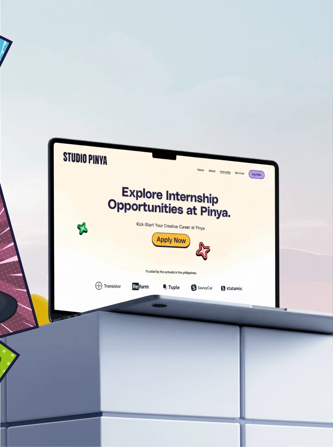 Laptop on a white block showing the Studio Pinya internship page headline Explore Internship Opportunities at Pinya