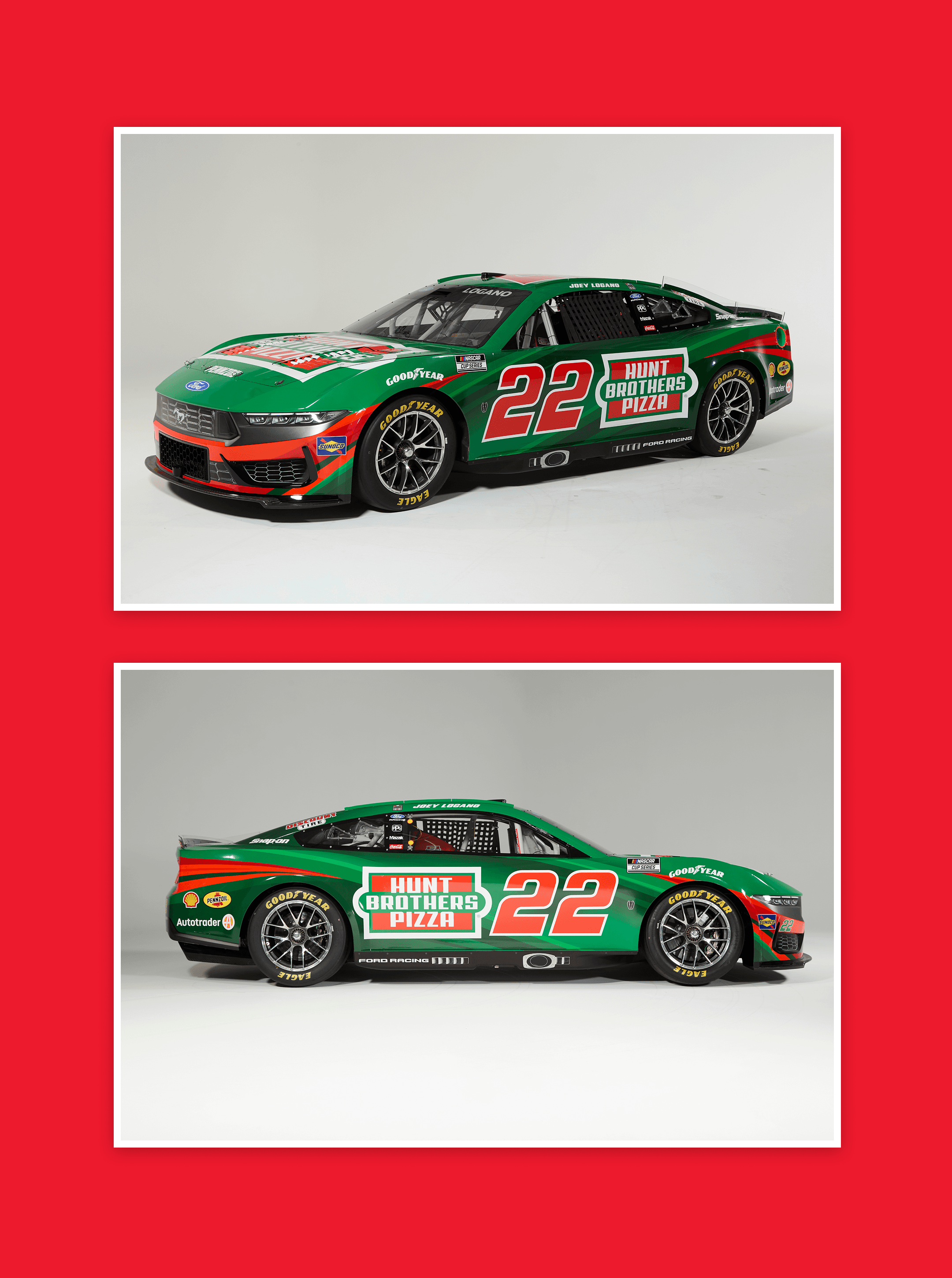 Two side profile views of the green number 22 Hunt Brothers Pizza car set on a red background