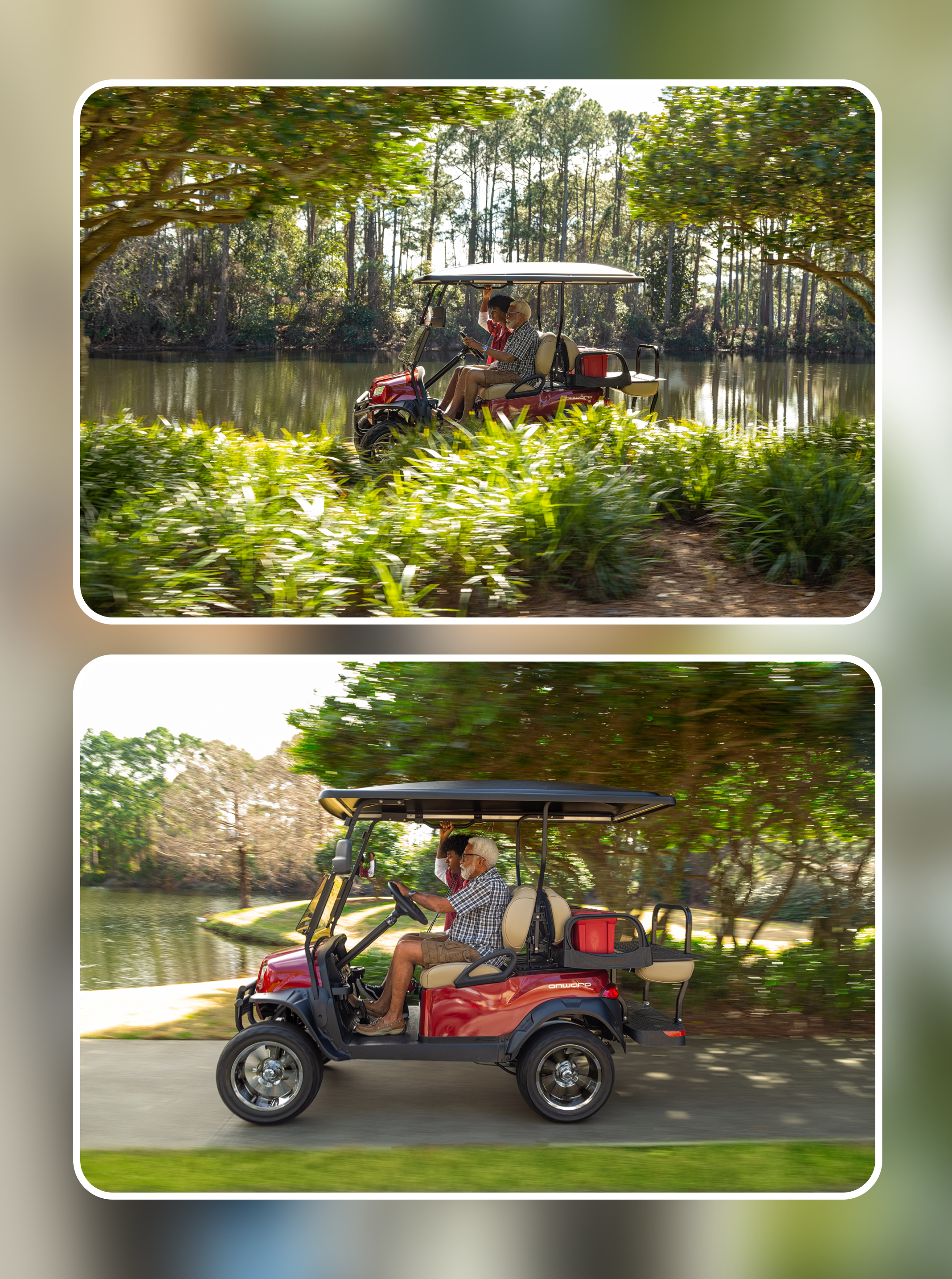 Man driving a red Club Car past a pond with a cooler in back, greenery blurred by motion