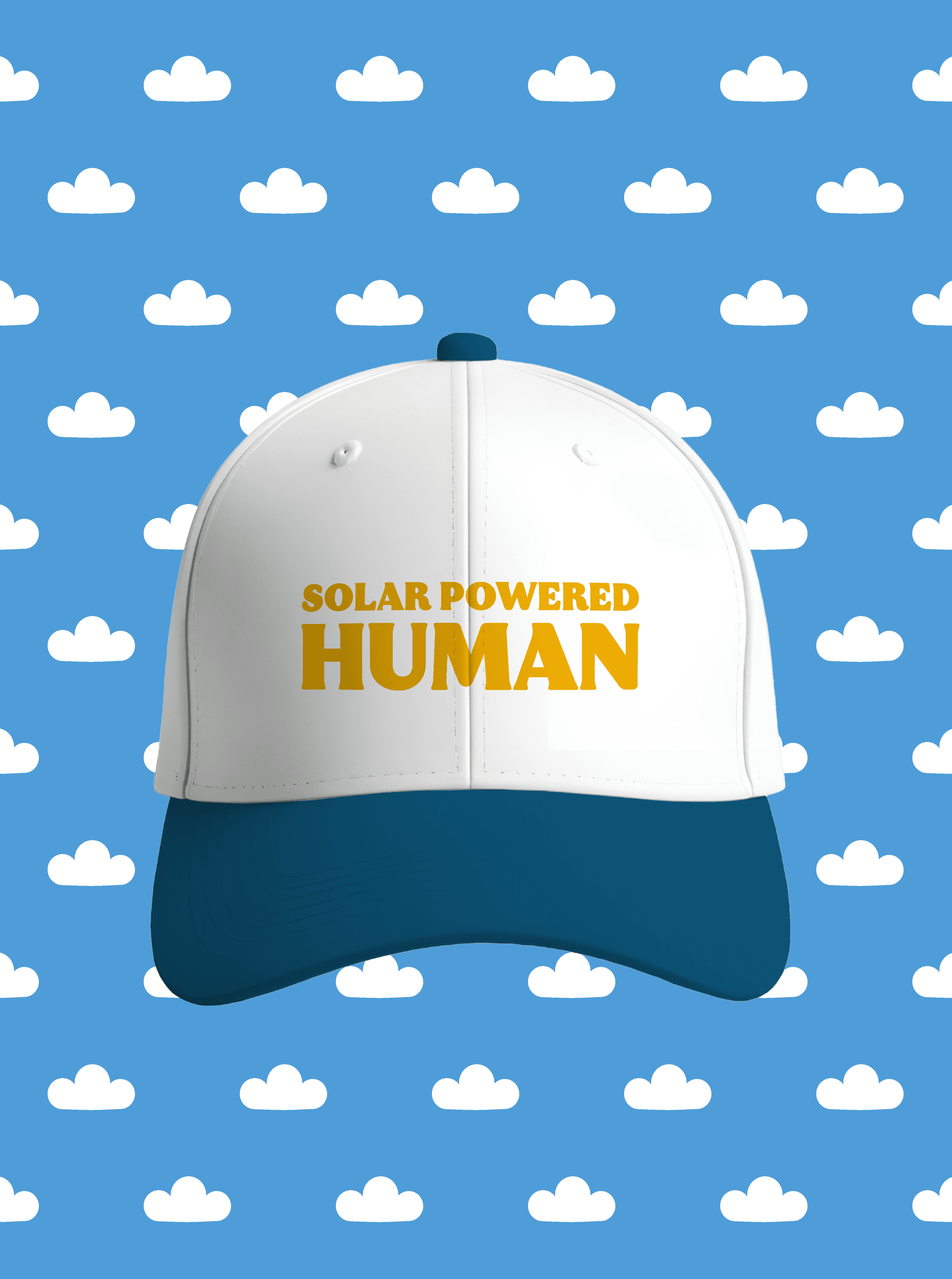 White cap with a navy brim and gold "SOLAR POWERED HUMAN" lettering, centered on a blue cloud pattern
