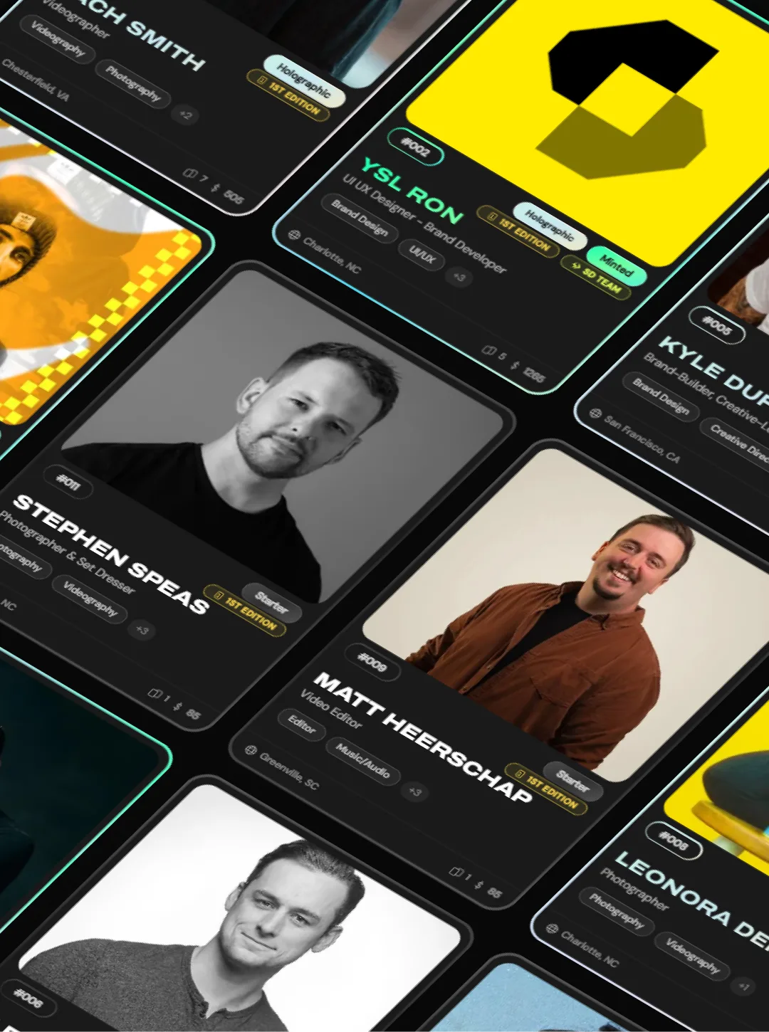 Angled grid of member cards including Stephen Speas, Matt Heerschap, YSL Ron and Kyle Duford