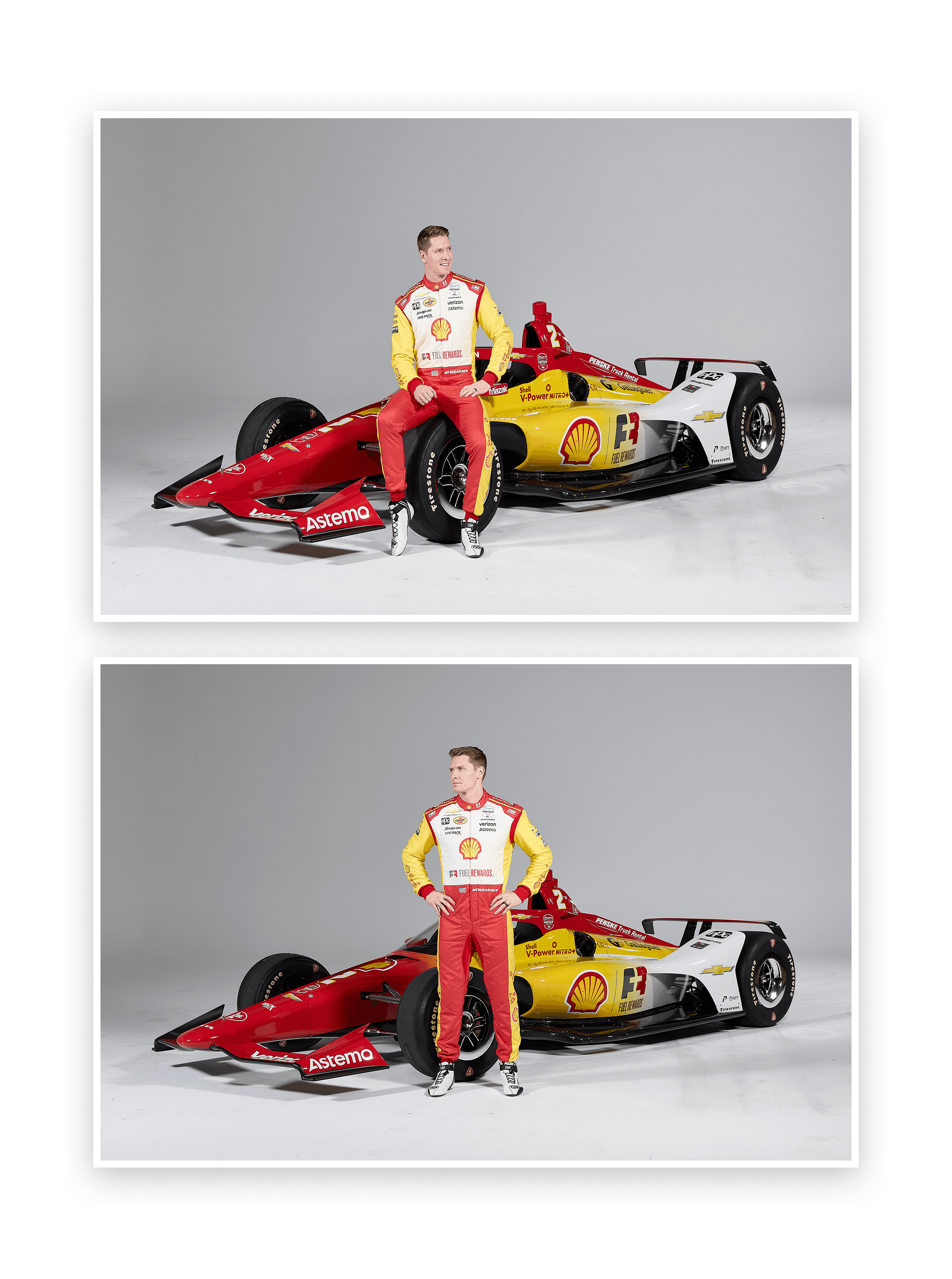Driver in a red and white Shell suit posed beside a Shell Pennzoil IndyCar in two stacked frames