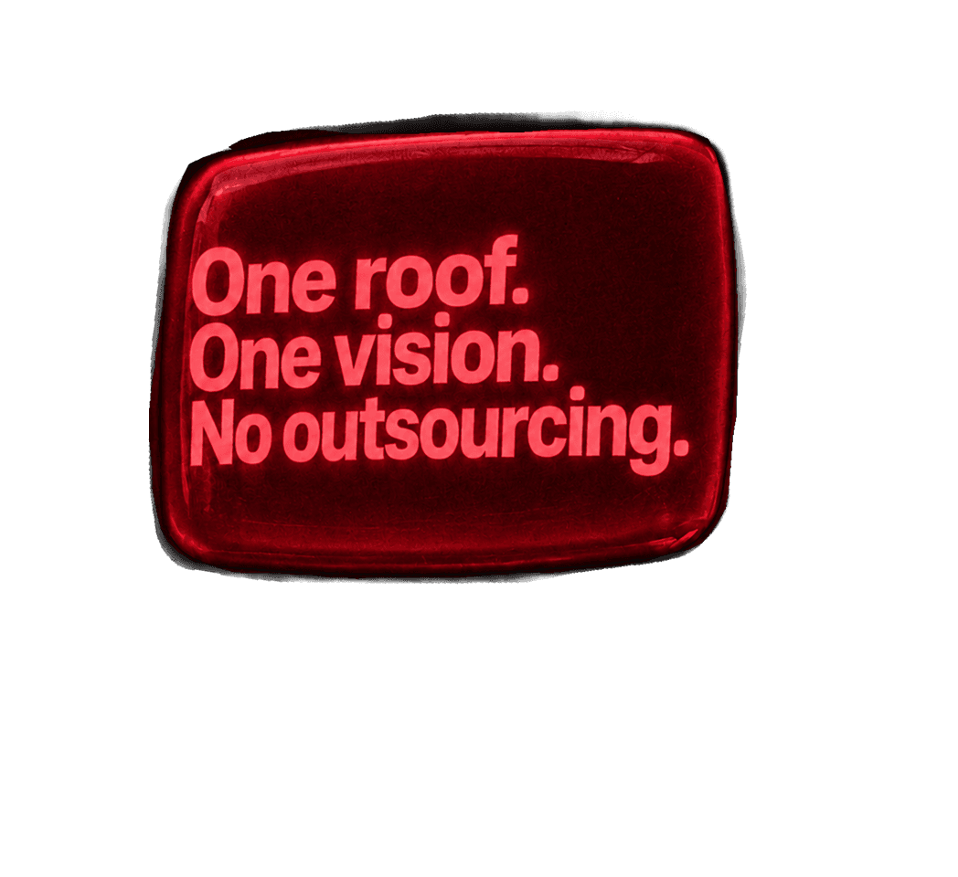 Old TV screen reading: One roof. One vision. No outsourcing.
